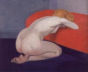 Felix Vallotton Nude Kneeling against a red sofa oil